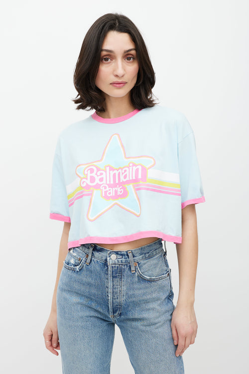 Balmain Blue 
Multicolour Cropped Logo T-Shirt