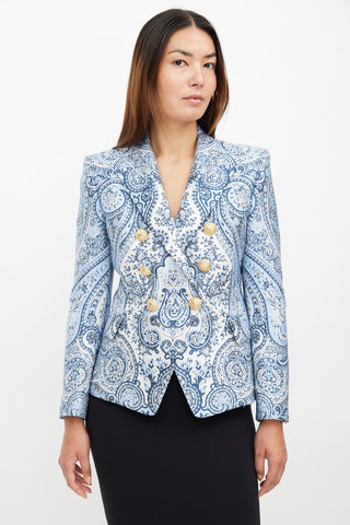 Balmain Blue 
White Paisley Classic 6 Button Blazer