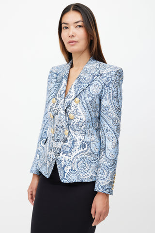 Balmain Blue 
White Paisley Classic 6 Button Blazer