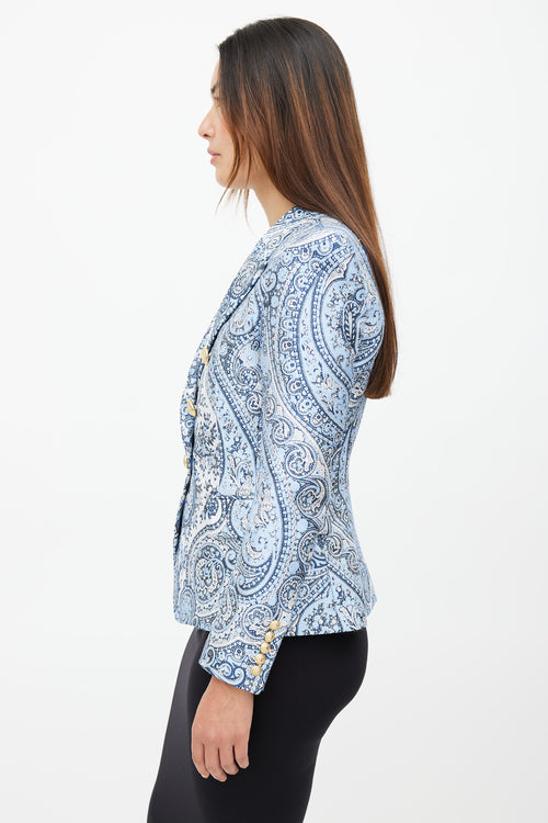 Balmain Blue 
White Paisley Classic 6 Button Blazer