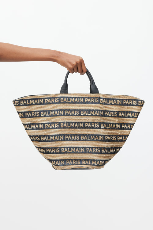 Balmain Brown 
Black Raffia Logo Tote Bag