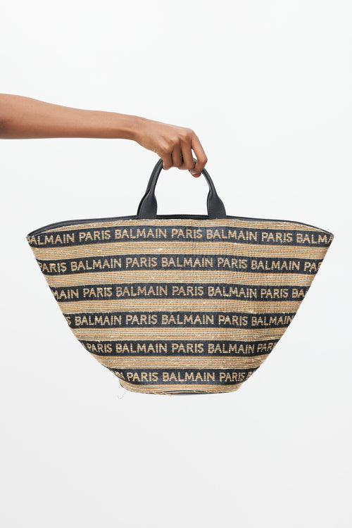 Balmain Brown 
Black Raffia Logo Tote Bag