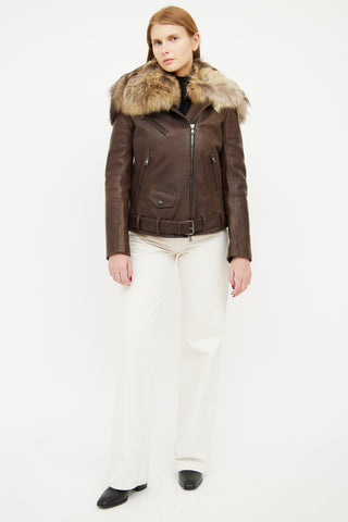 Balmain Brown Leather Fur Trim Collar Jacket