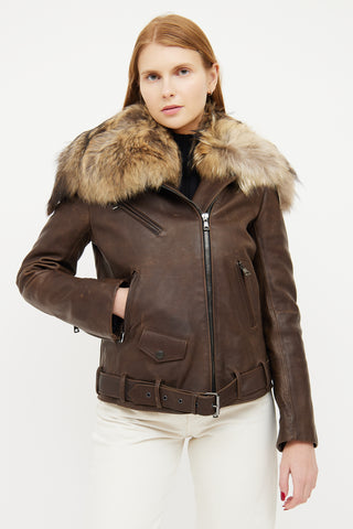 Balmain Brown Leather Fur Trim Collar Jacket