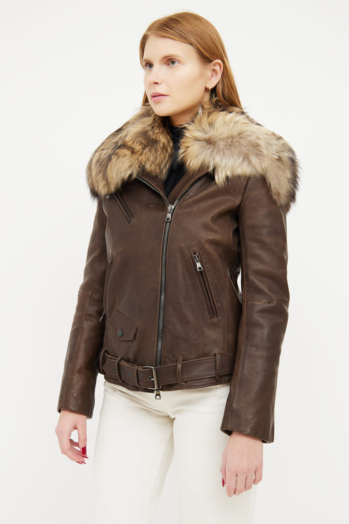 Balmain Brown Leather Fur Trim Collar Jacket