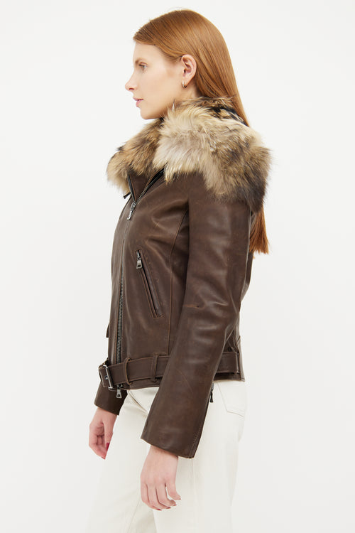 Balmain Brown Leather Fur Trim Collar Jacket