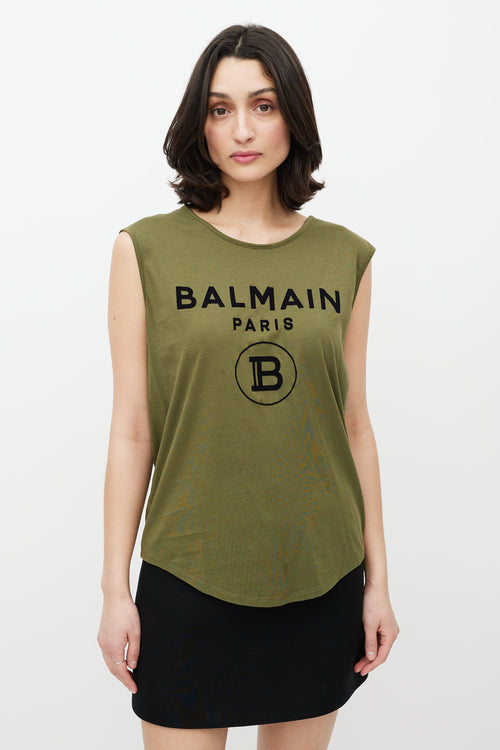 Balmain Green 
Black Sleeveless Logo Top