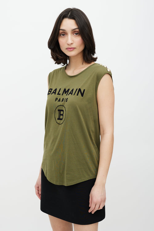 Balmain Green 
Black Sleeveless Logo Top