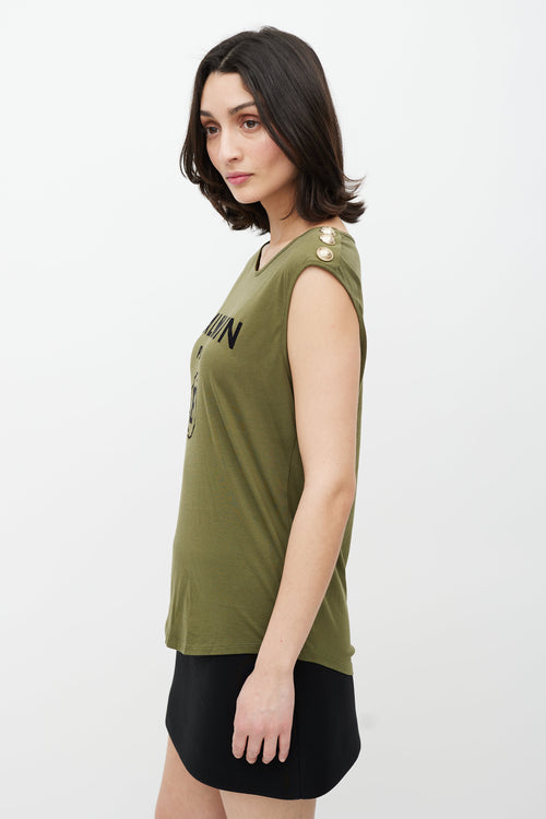 Balmain Green 
Black Sleeveless Logo Top