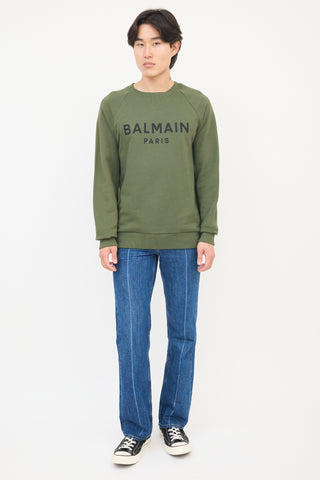 Balmain Green Cotton Logo Crewneck