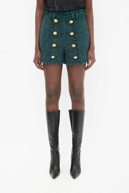 Balmain Green Fringe Button Shorts