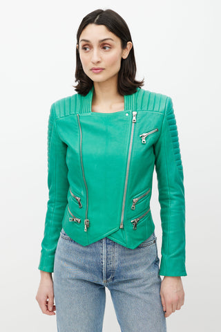 Balmain Green Quilted Leather Moto Jacket