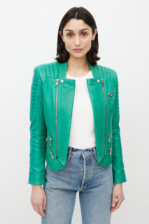 Balmain Green Quilted Leather Moto Jacket