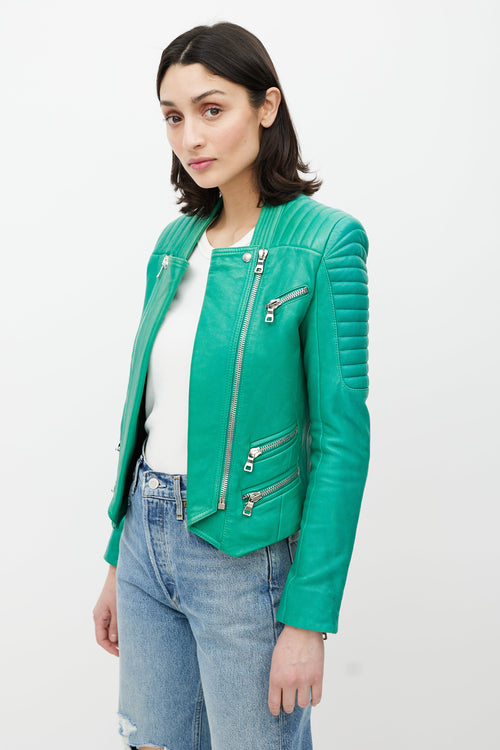 Balmain Green Quilted Leather Moto Jacket