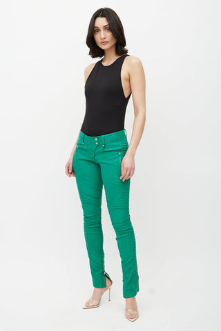 Balmain Green Ribbed Leather Slim Pant