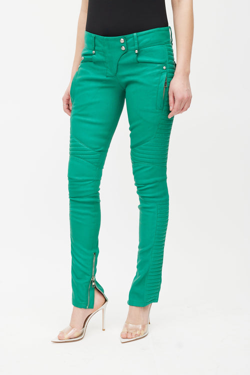 Balmain Green Ribbed Leather Slim Pant