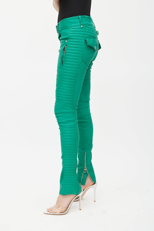 Balmain Green Ribbed Leather Slim Pant