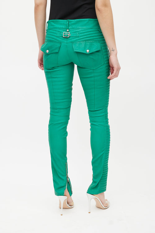 Balmain Green Ribbed Leather Slim Pant