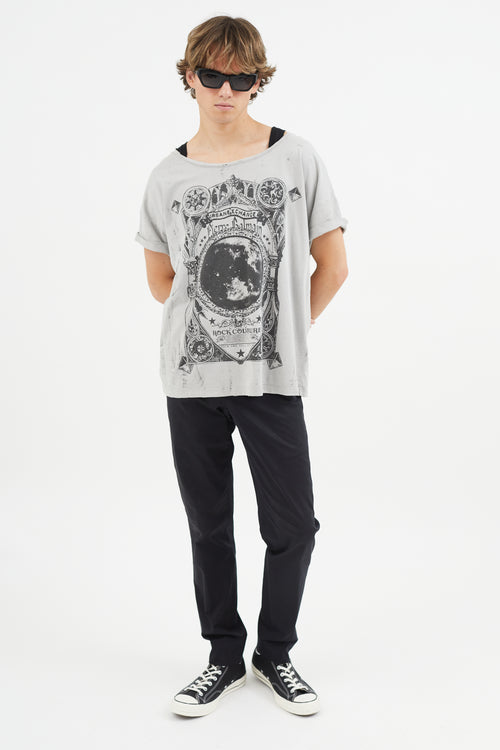 Balmain Grey Graphic Logo Distressed T-Shirt