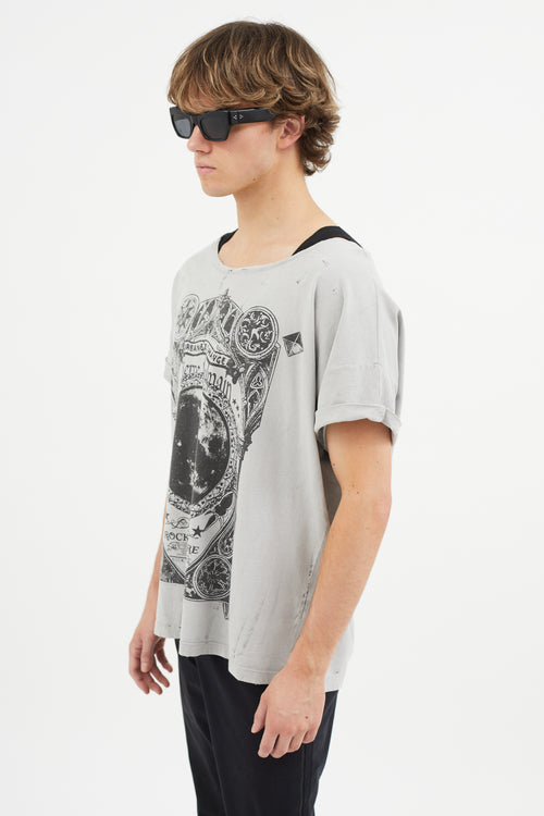 Balmain Grey Graphic Logo Distressed T-Shirt