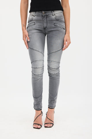 Balmain Grey Washed Slim Biker Jeans