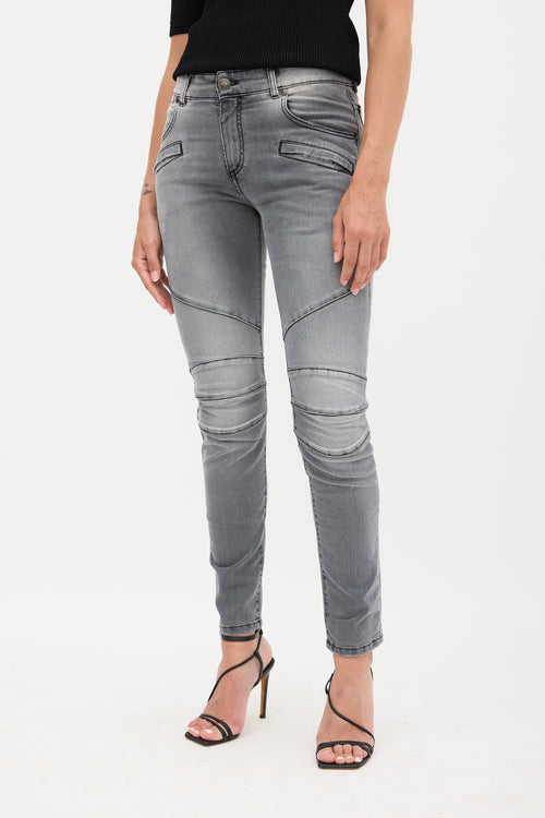 Balmain Grey Washed Slim Biker Jeans