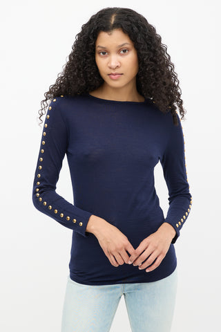 Balmain Navy Wool Embellished Long Sleeve Top