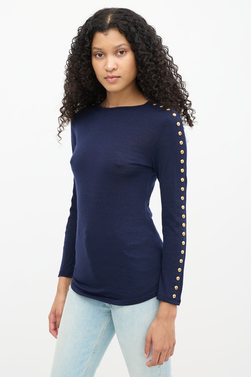 Balmain Navy Wool Embellished Long Sleeve Top