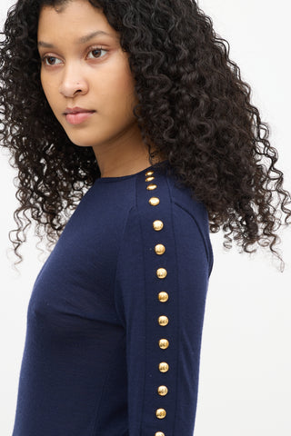 Balmain Navy Wool Embellished Long Sleeve Top