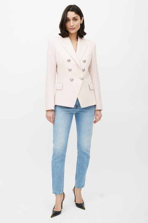 Balmain Pink 
Silver Double Breasted Wool Blazer