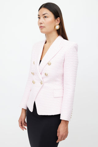 Balmain Pink 
White Tweed Classic 6 Button Blazer