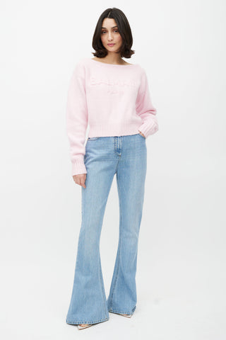 Balmain Pink Wool Knit Logo Sweater