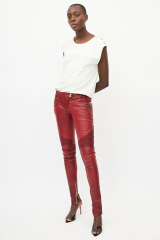 Balmain Red Leather Biker Trouser