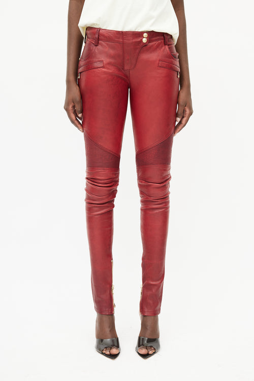 Balmain Red Leather Biker Trouser