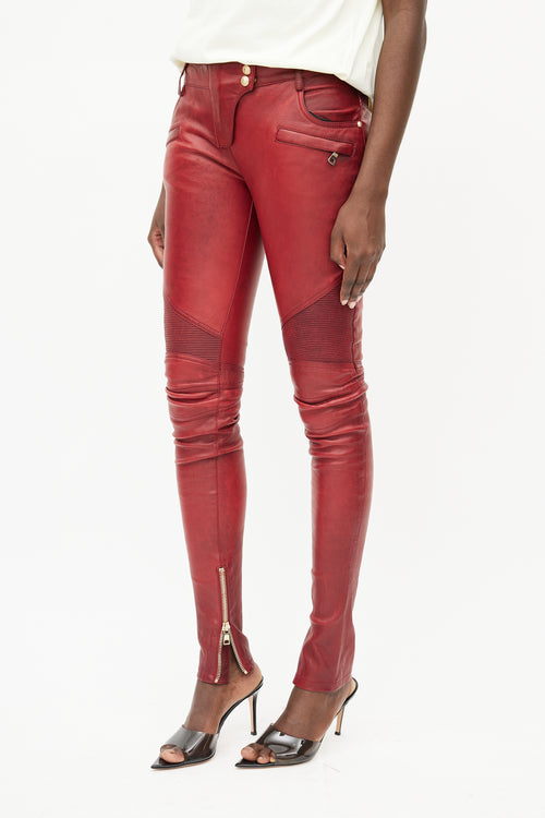 Balmain Red Leather Biker Trouser