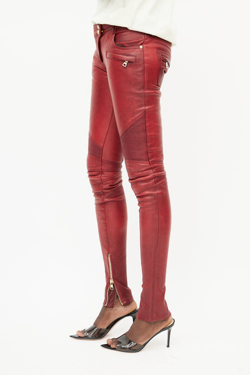 Balmain Red Leather Biker Trouser