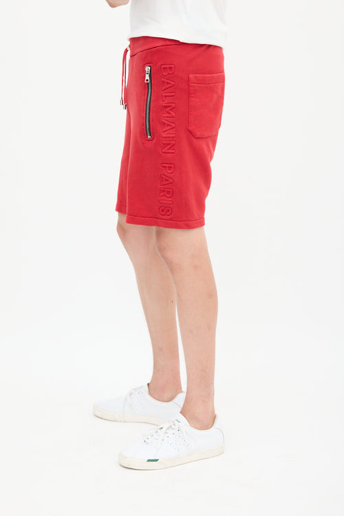 Balmain Red Side Embossed Logo Shorts