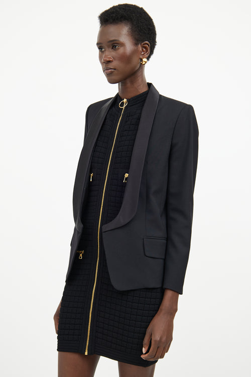 Balmain Black Wool 
Satin Lapel Open Blazer