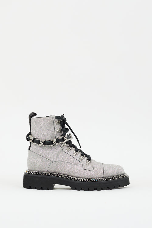 Balmain Silver Glitter Combat ankle Boot