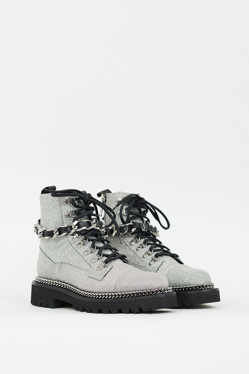 Balmain Silver Glitter Combat ankle Boot