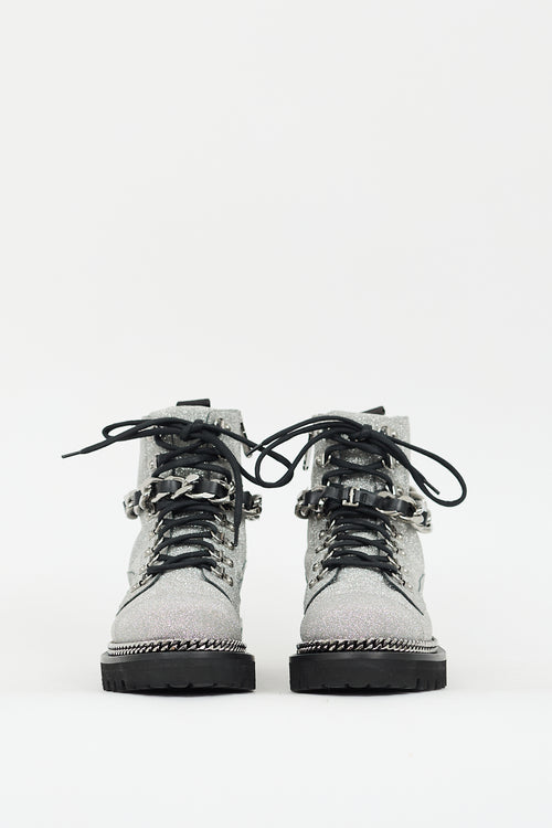 Balmain Silver Glitter Combat ankle Boot