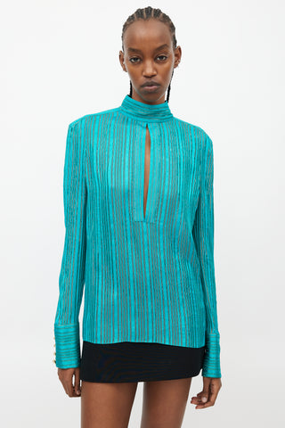 Balmain Teal 
Gold Striped Metallic Top