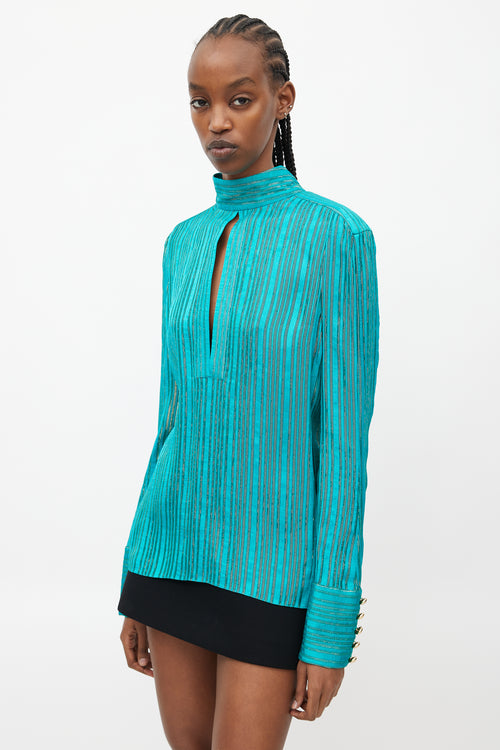 Balmain Teal 
Gold Striped Metallic Top