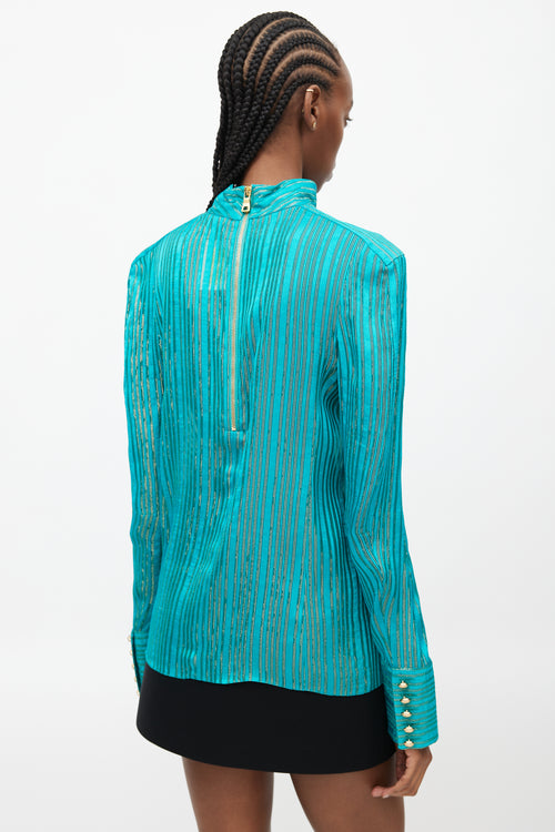 Balmain Teal 
Gold Striped Metallic Top