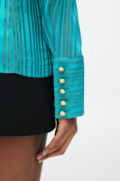 Balmain Teal 
Gold Striped Metallic Top