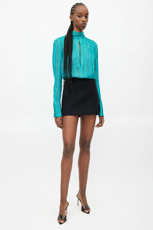 Balmain Teal 
Gold Striped Metallic Top