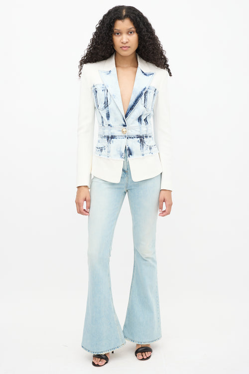 Balmain White 
Blue Acid Wash Denim Blazer