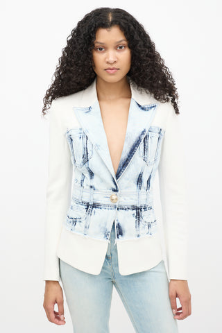 Balmain White 
Blue Acid Wash Denim Blazer