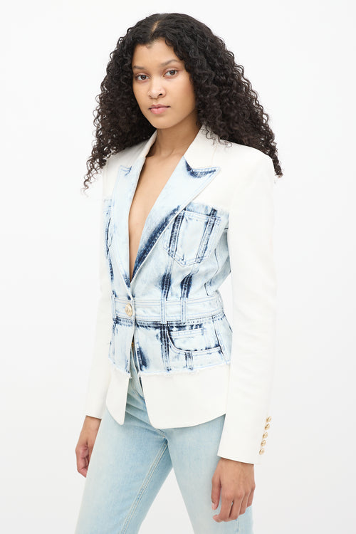 Balmain White 
Blue Acid Wash Denim Blazer