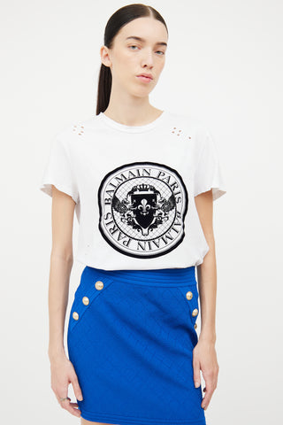 Balmain White Distressed Chest Logo Tee